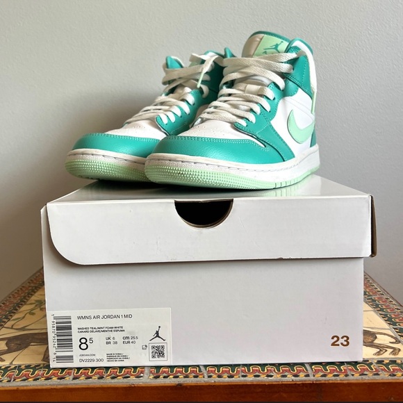 Nike Air Jordan 1 Mid Teal and White Sneakers - Picture 6 of 16